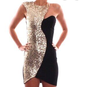 Jean Jail One Shoulder Black Gold Sequin Party Mini Dress